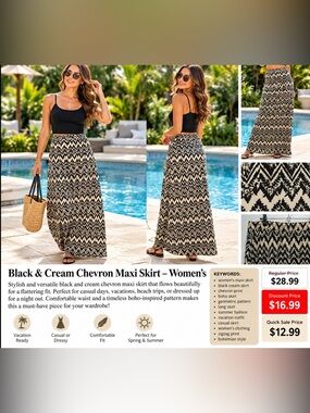Women's Black & Cream Chevron Maxi Skirt – Boho Chic Geometric Print Long Skirt
